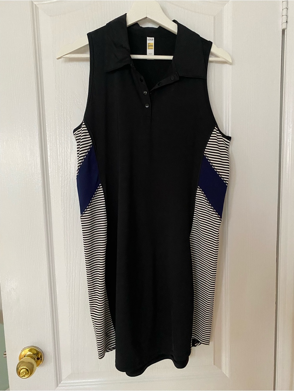 Lole Black Polo Midi Dress with Navy & Black-White Stripe Panels